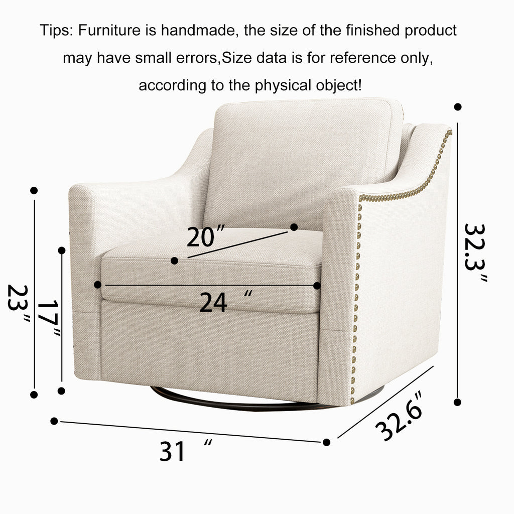 Ergonomic Swivel Armchair with Cotton Linen Upholstery and Brass Nail Decoration, Black Legs - Grand Goldman Shop