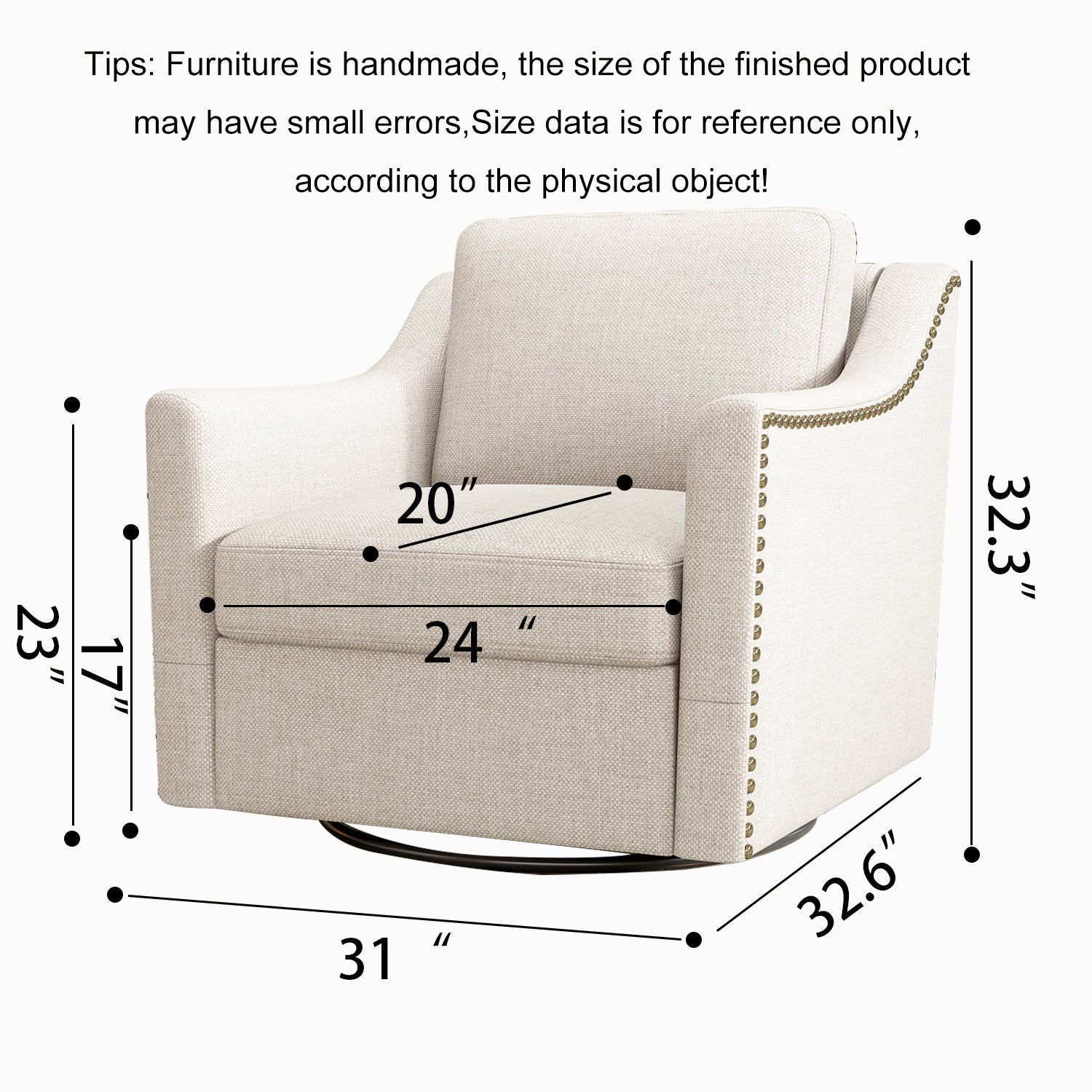 Ergonomic Swivel Armchair with Cotton Linen Upholstery and Brass Nail Decoration, Black Legs - Grand Goldman Shop