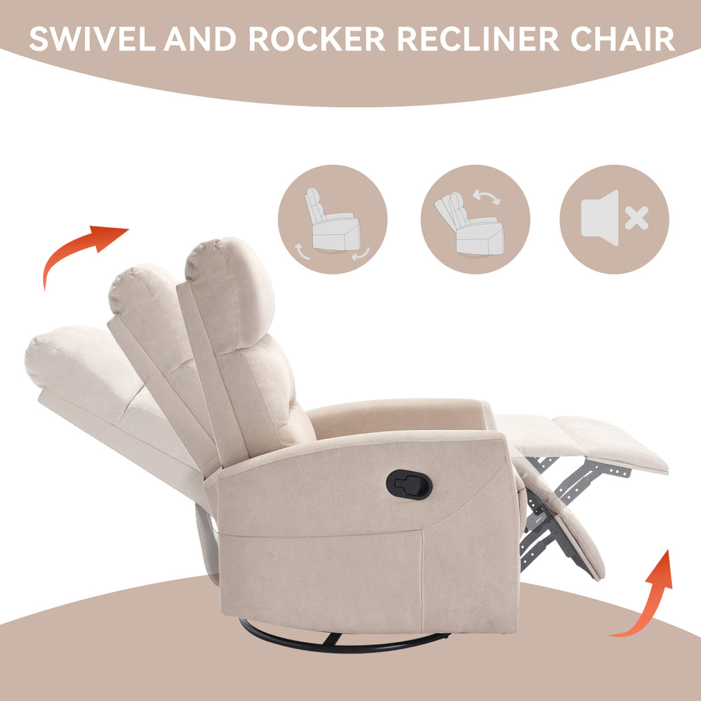 Manual Recliner Chair with Rocker and Swivel in Fabric for Living Room, Beige - Grand Goldman Shop