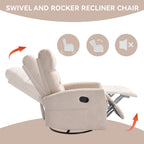 Manual Recliner Chair with Rocker and Swivel in Fabric for Living Room, Beige - Grand Goldman Shop