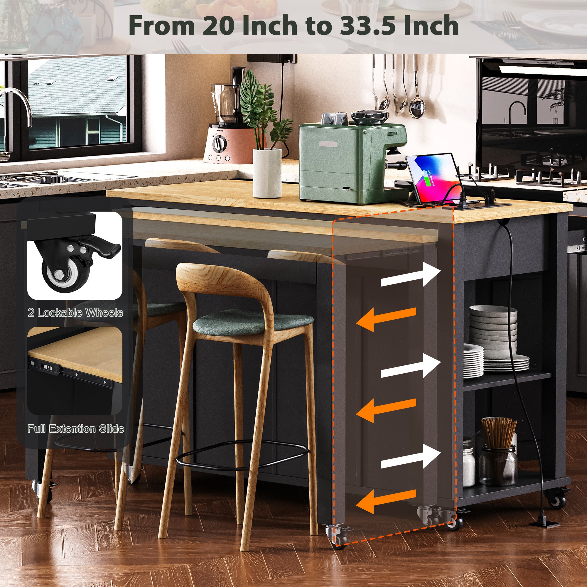K&K 47 inch Kitchen Island with Extendable Dining Table, Rubber Wood Veneer Kitchen Table with Internal Storage Rack, Power Outlet, Kitchen island with Storage 2 Drawers 2 Cabinet, Black - Grand Goldman Shop