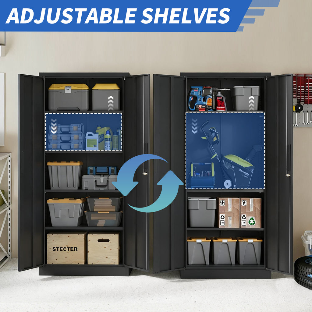 71'H Metal Garage Storage Cabinet, Black Tool Steel Locking Cabinet with Doors and 4 Shelves, Tall Cabinets for Garage Storag
