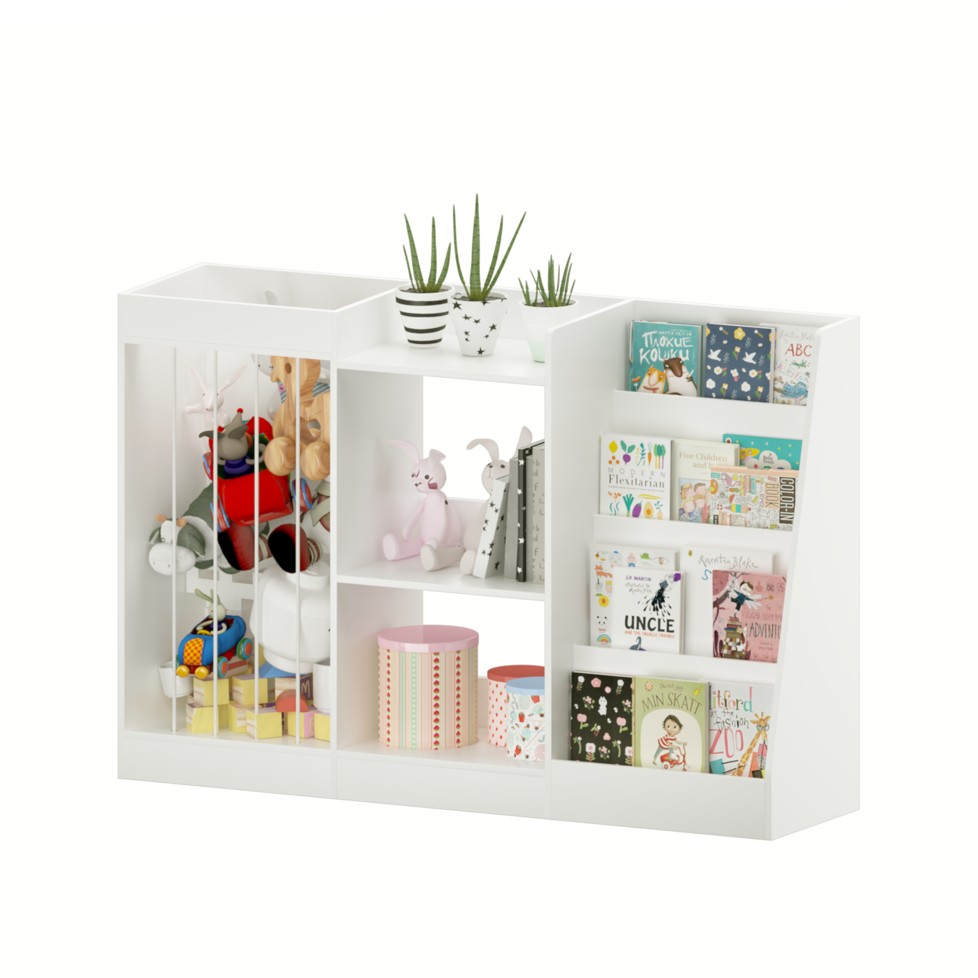 3-in-1 Kids Bookshelf and Toy Storage, 4-Tier Book Shelf for Kids Rooms, Sling Baby Bookcase with Stuffed Animal Storage, Tod