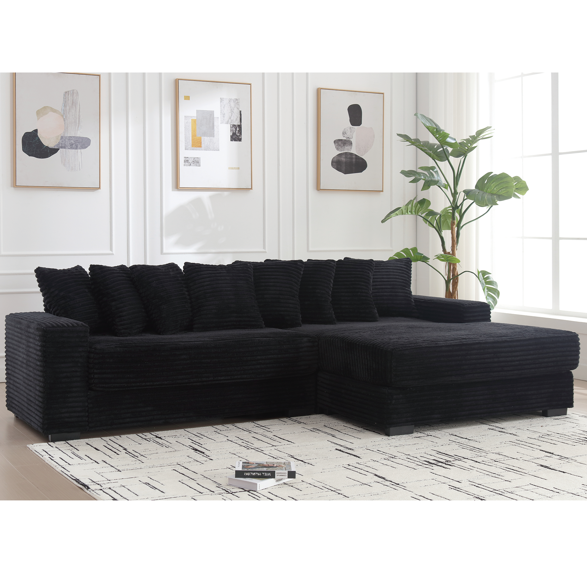 [NEW ARRIVED] [VIDEO PROVIDED] Oversized Two-Piece  Couches,  L Shaped Sofa, Corduroy, Right Chaise Daybed,with Armrests,Eight Throw Pillows,Corner Sofa,Easy To Assemble,  Black - Grand Goldman Shop