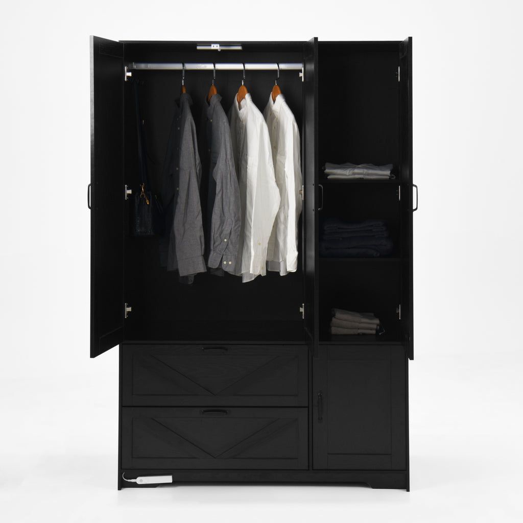 4 Doors Wardrobe Closet with Mirror, LED Wardrobe with Doors and 2 Drawers, Wooden Wardrobe Storage Cabinet with Hanging Rod, Adjustable Shelves, Black - Grand Goldman Shop