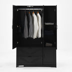 4 Doors Wardrobe Closet with Mirror, LED Wardrobe with Doors and 2 Drawers, Wooden Wardrobe Storage Cabinet with Hanging Rod, Adjustable Shelves, Black - Grand Goldman Shop