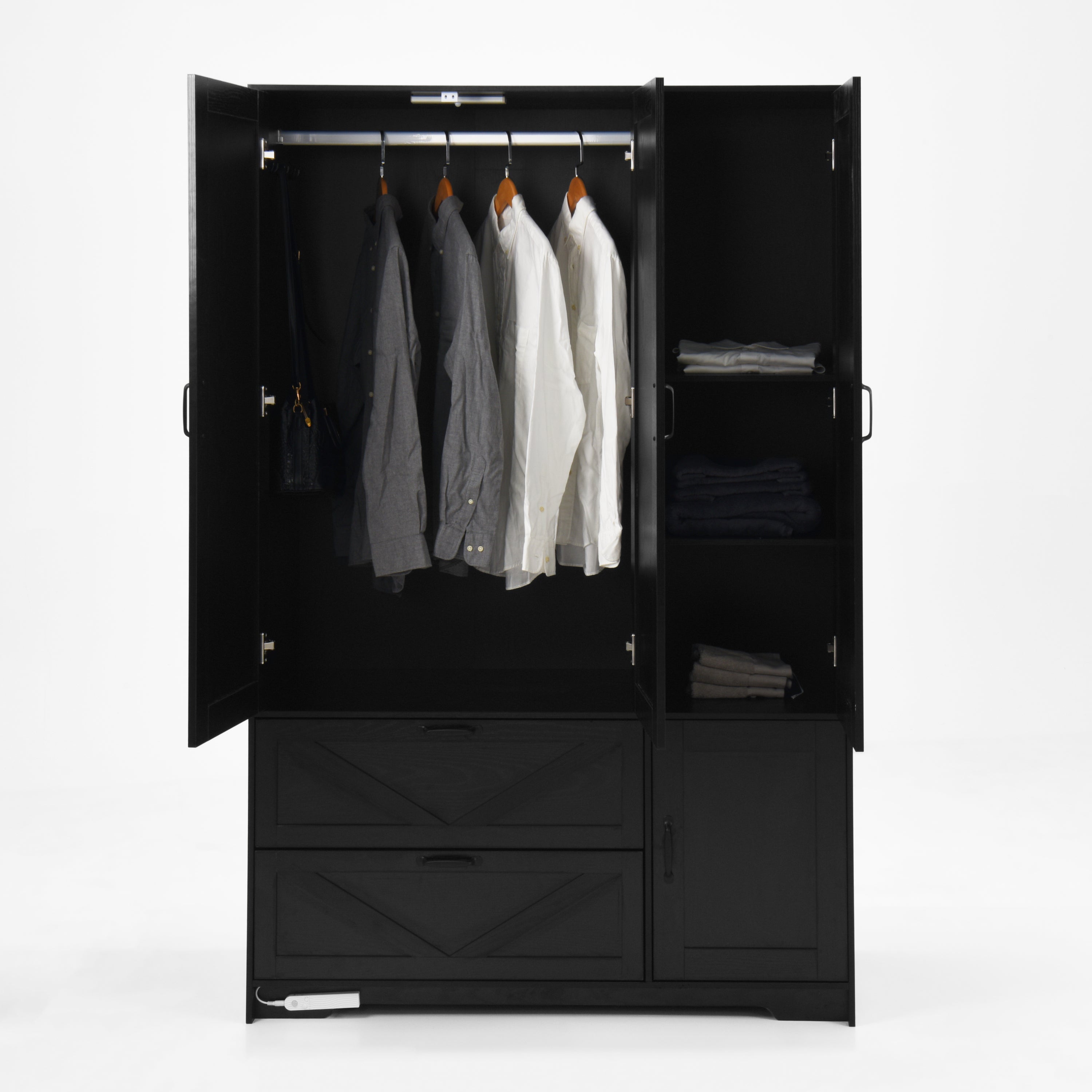 4 Doors Wardrobe Closet with Mirror, LED Wardrobe with Doors and 2 Drawers, Wooden Wardrobe Storage Cabinet with Hanging Rod, Adjustable Shelves, Black - Grand Goldman Shop