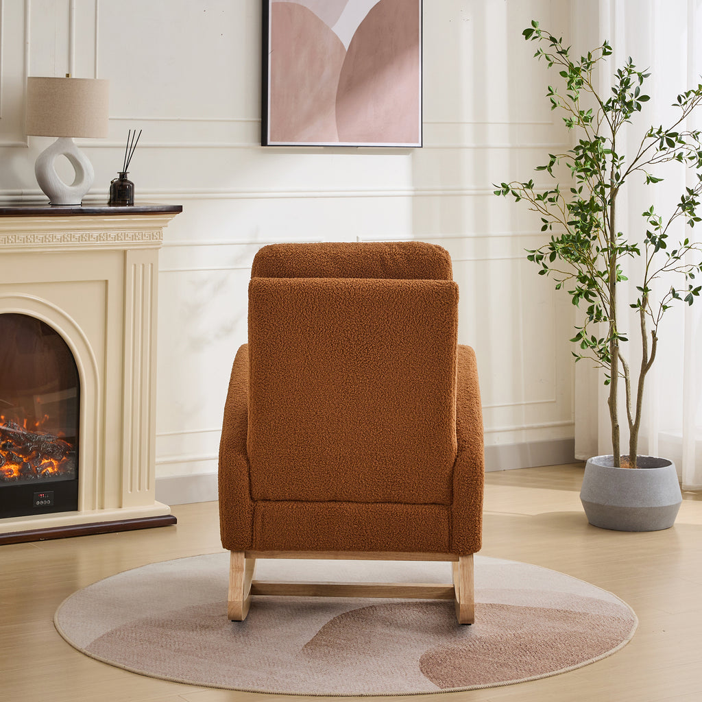 27.2'W Rocking Chair for Nursery, Sherpa Glider Chair with High Back and Side Pocket, Rocking Accent Armchair with Rubber Wood Legs for Living Room/Bedroom.Caramel - Grand Goldman Shop