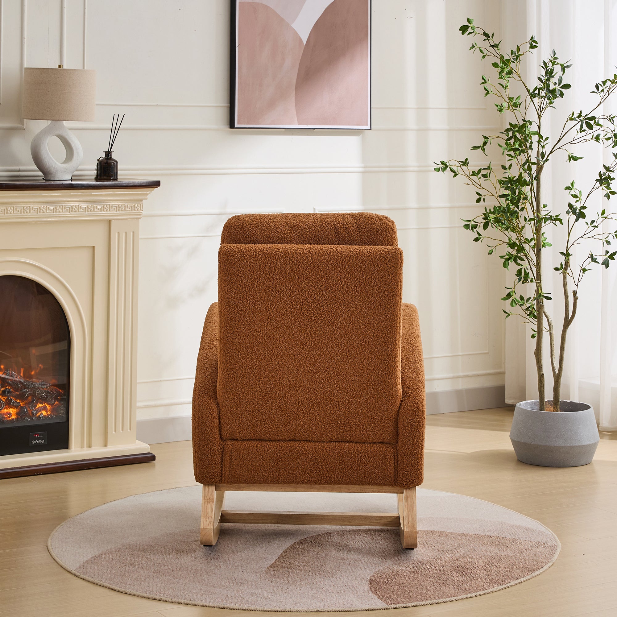 27.2'W Rocking Chair for Nursery, Sherpa Glider Chair with High Back and Side Pocket, Rocking Accent Armchair with Rubber Wood Legs for Living Room/Bedroom.Caramel - Grand Goldman Shop