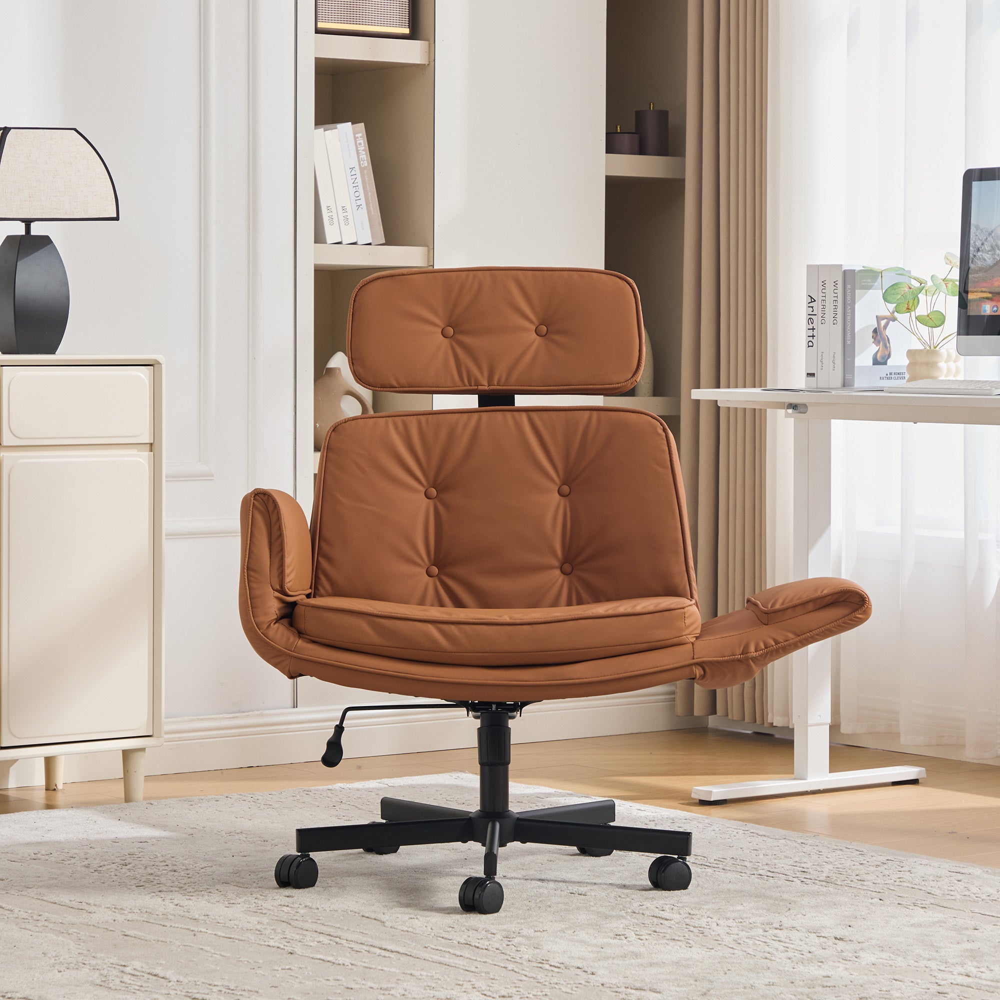 Criss Cross Chair with Adjustable Armrests & Wheels & Headrest, PU Lounge Vanity Desk Chair with Wide Seat for Cross-Legged S