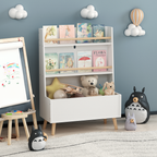 Kids Bookshelf White MDF and Pine Legs Book Organizer with Toy Storage, 26.77 x 12.60 x 36.61 inches | Premium Home Decor - G