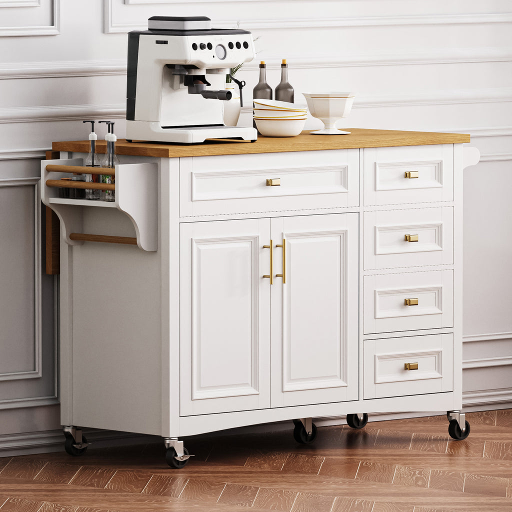 K&K 52'' Kitchen Island with Drop Leaf, Embossed Texture Kitchen Island on Wheels with Spice Rack, Towel Rack, 2 Doors and 5 Drawers, Kitchen Storage Cart with Adjustable Shelf for Kitchen, White - Grand Goldman Shop