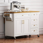 K&K 52'' Kitchen Island with Drop Leaf, Embossed Texture Kitchen Island on Wheels with Spice Rack, Towel Rack, 2 Doors and 5 Drawers, Kitchen Storage Cart with Adjustable Shelf for Kitchen, White - Grand Goldman Shop