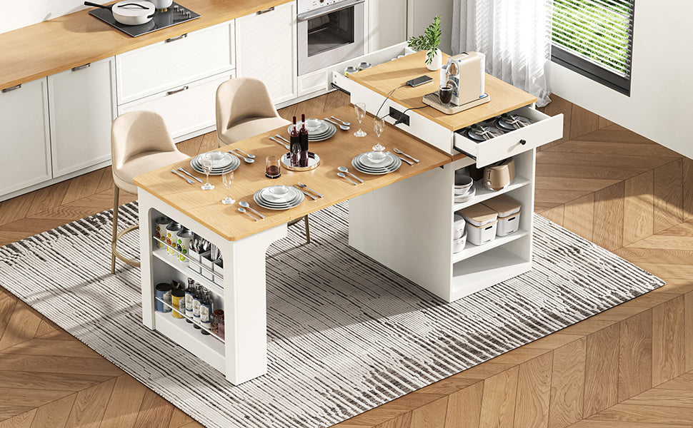 K&K 59.5' Kitchen Island with Extendable Dining Table, Kitchen Storage Table with Double-sided Storage, Kitchen Island with 2 Drawers, Power Outlet, Side Open Shelves, for Kitchen, Dining Room, White - Grand Goldman Shop