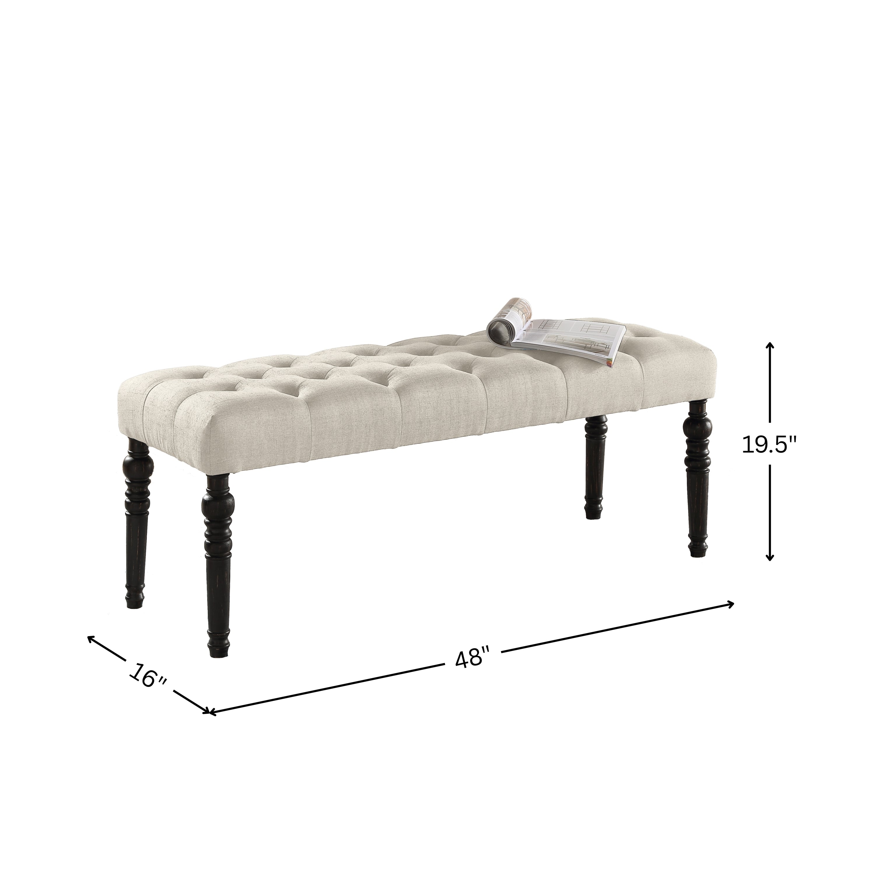 Leviton Fabric Tufted Turned Leg  Dining Bench, Tan - Grand Goldman Shop