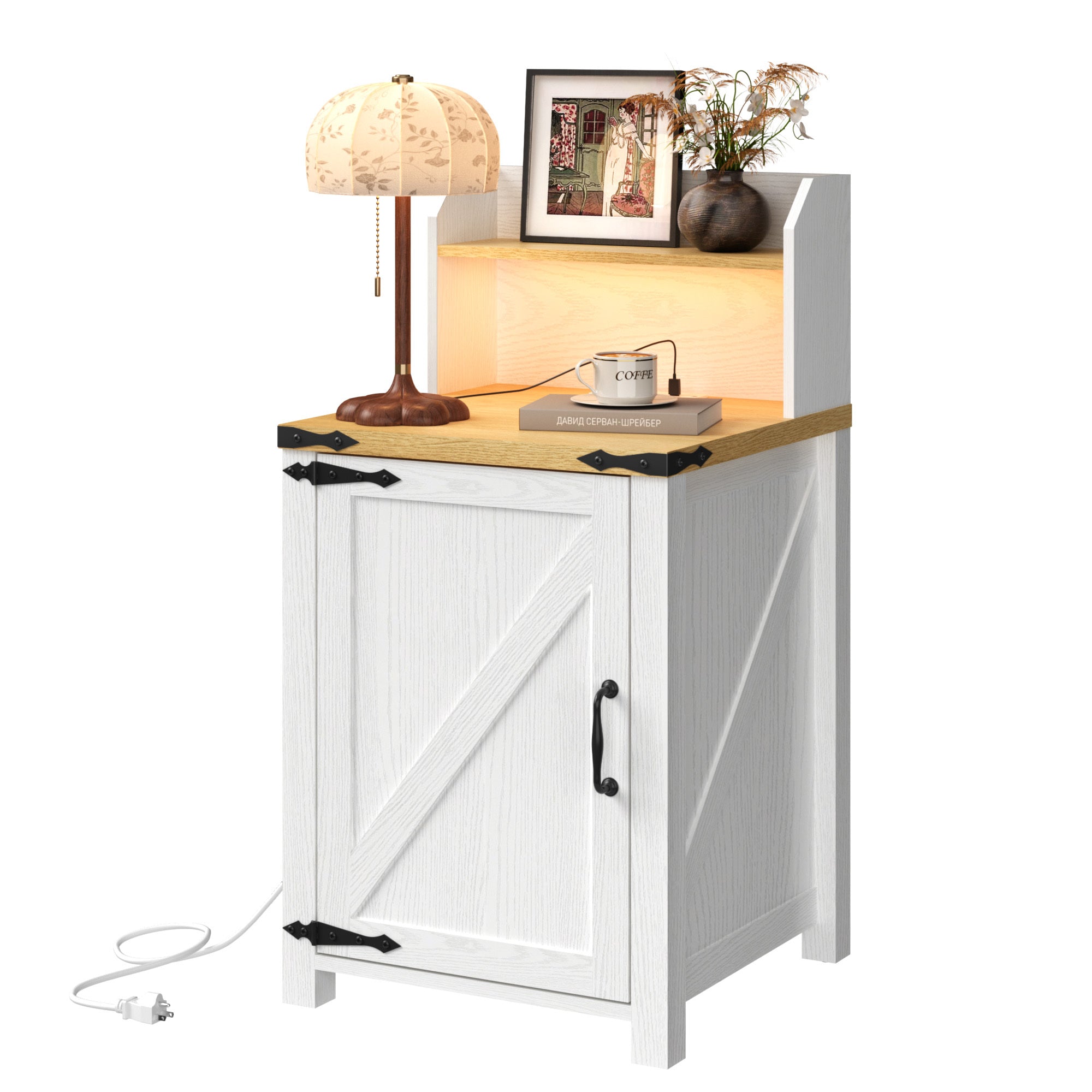 OKD Nightstand with Charging Station, 18 Inch Farmhouse End Table with Barn Door and Adjustable Storage Shelf, Rustic Wood Sofa Side Table w/Magnetic Door for Living Room, Bedroom, Antique White - Grand Goldman Shop