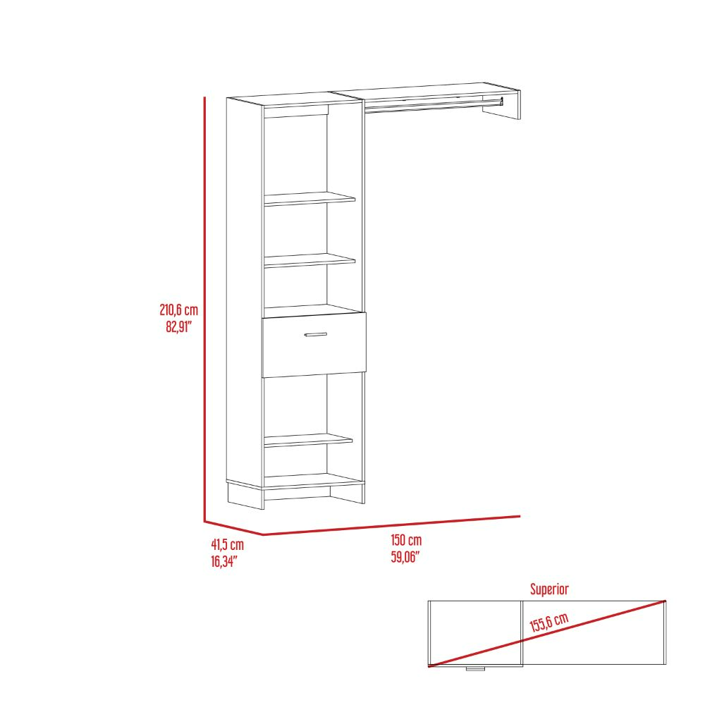 Manchester 150 Closet System, Metal Rod, Five Open Shelves, One Drawer -White - Grand Goldman Shop