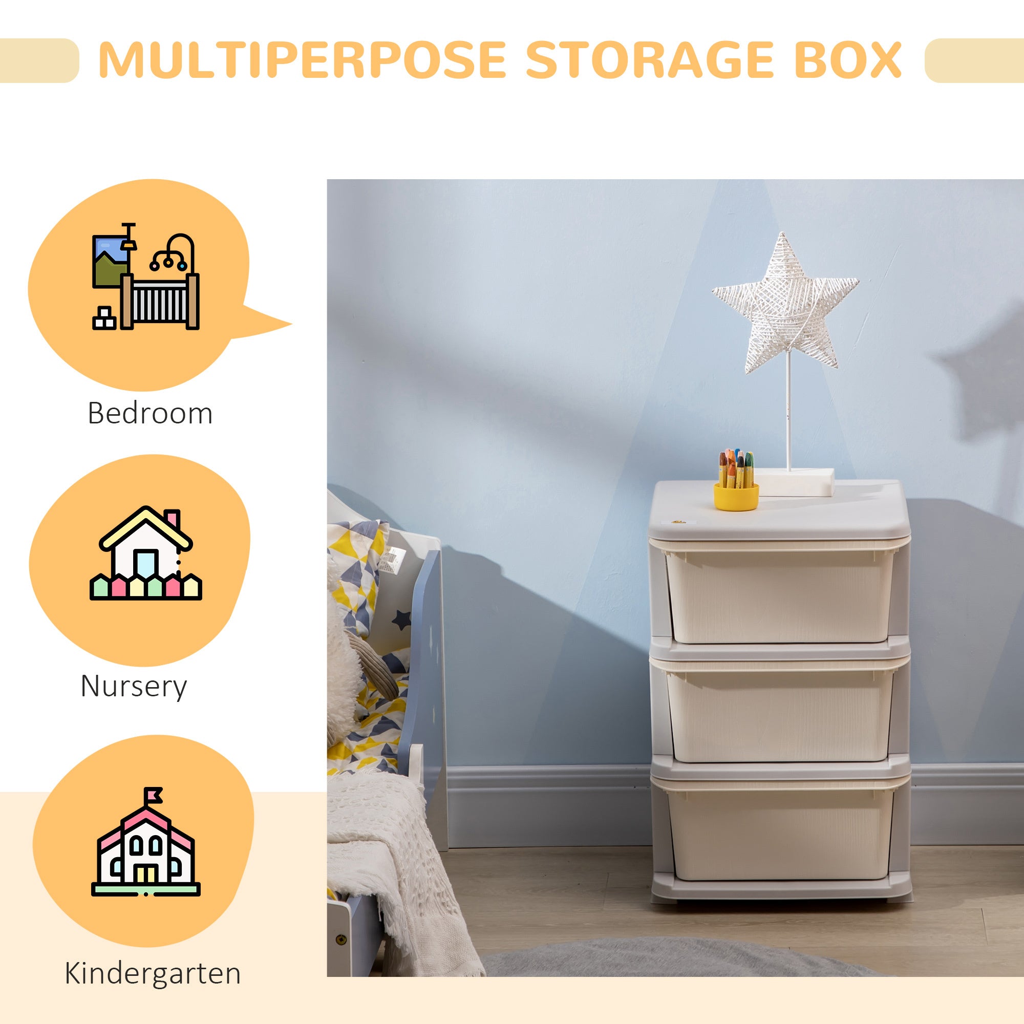Qaba 3 Tier Kids Storage Unit, 3 Drawer Chest Toy Organizer Plastic Bins for Kids Bedroom Nursery Kindergarten Living Room fo
