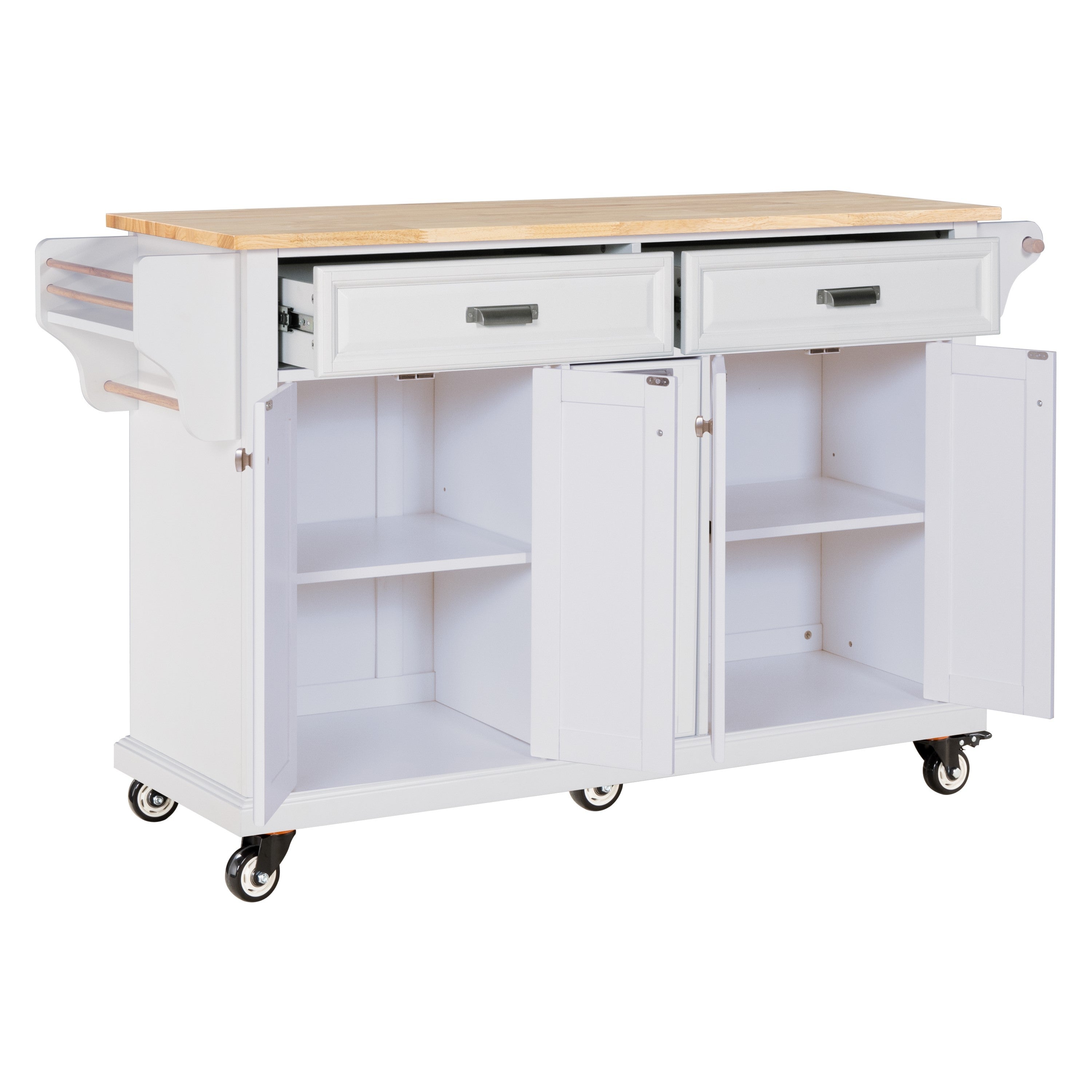 Kitchen Island with Rubber wood Countertop, Kitchen Cart on 5 Wheels with Storage Cabinet and 2 Top Drawers and A center double layered storage drawer for Dinning Room, White - Grand Goldman Shop