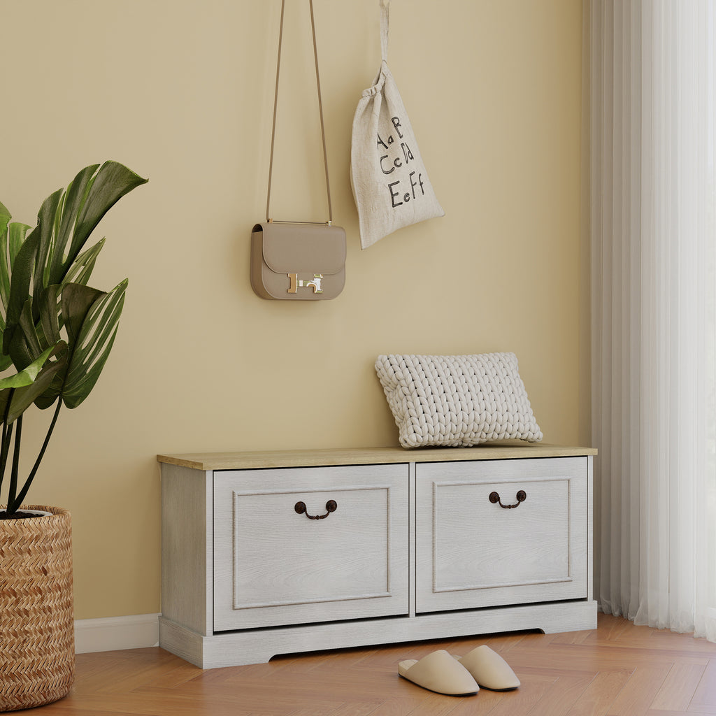 Shoe Storage Bench with 2 Flip Drawers and Adjustable Shelf for Entryway, Hallway, Bedroom-Antique White - Grand Goldman Shop