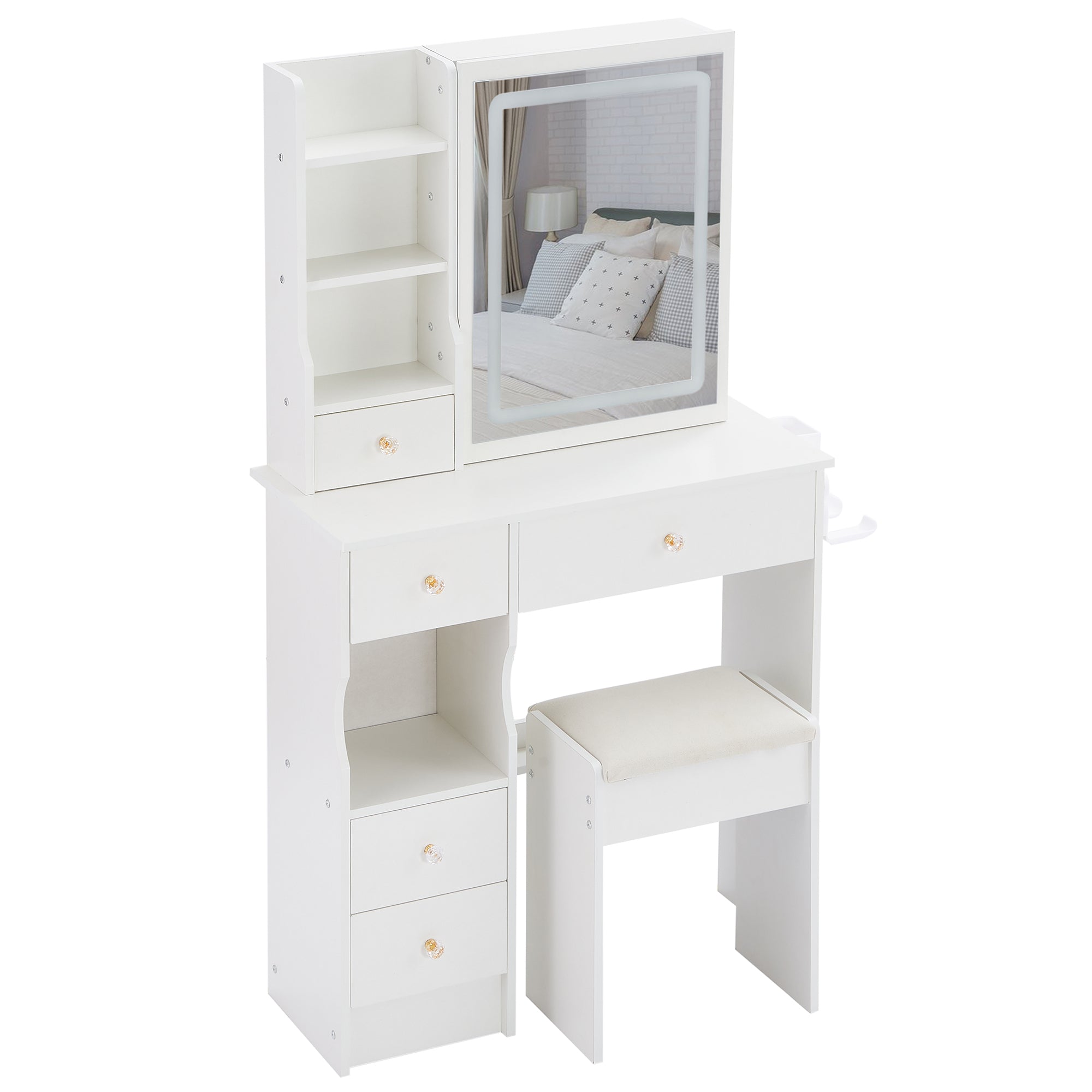 29.2' Small Size Left Drawer Desktop Vanity Table + Cushioned Stool, 2 AC+2 USB Power Station, Hair dryer bracket, Extra Large Touch Control Sliding LED Mirror, Tri-color Switching, Brightness Adjust - Grand Goldman Shop