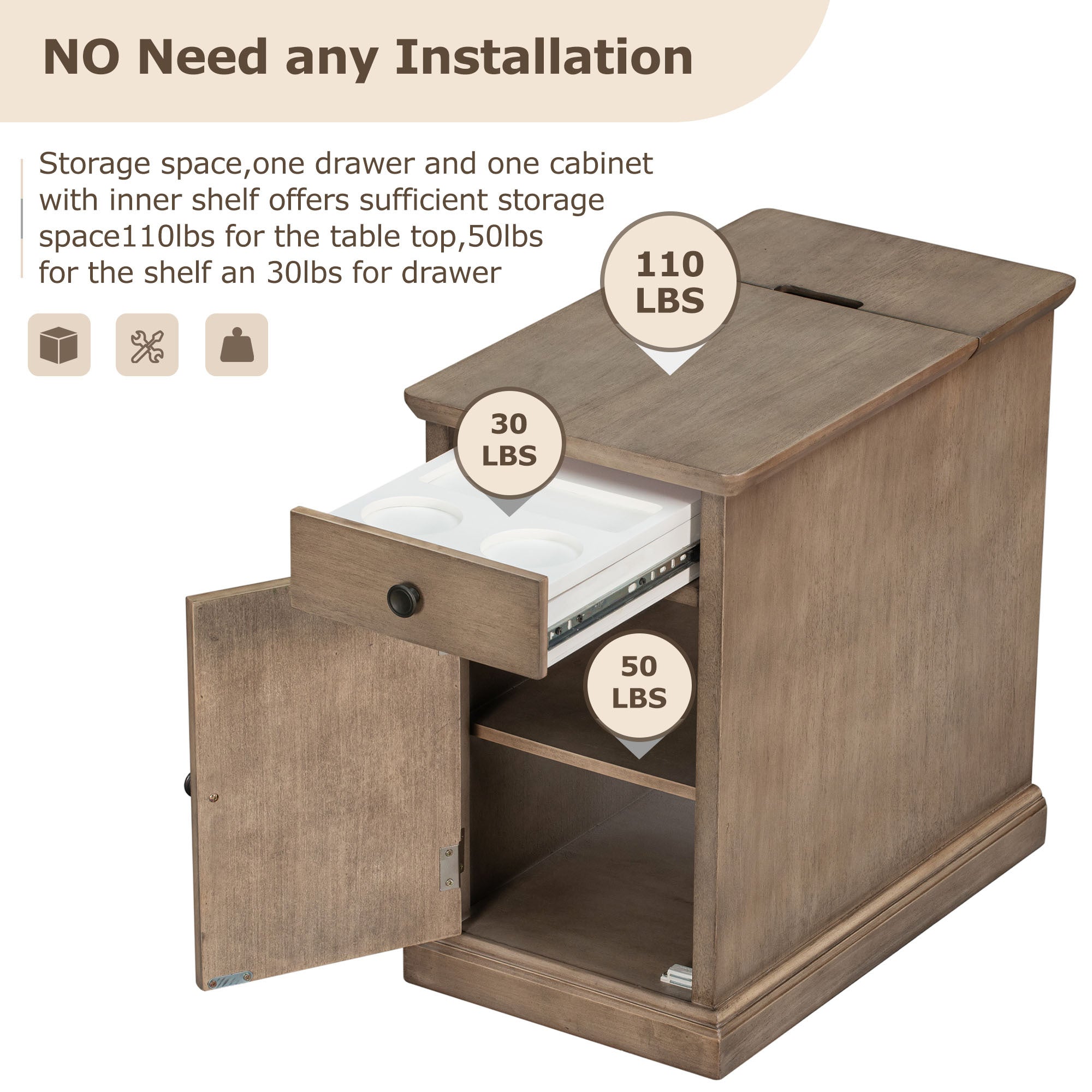 U-Can Classic Vintage Livingroom End Table Side Table with USB Ports and One Multifunctional Drawer with cup holders, Antique Brown (Old SKU: WF296294AAD) - Grand Goldman Shop