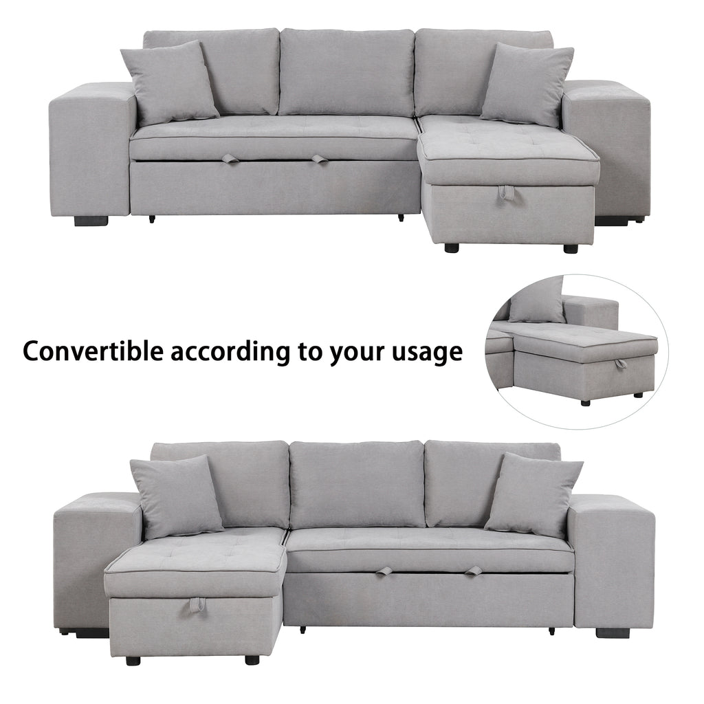 Modern Reversible L-Shape Pull Out Sleeper Sofa with Storage Chaise and Stools, Gray Linen, 104.5' - Grand Goldman Shop