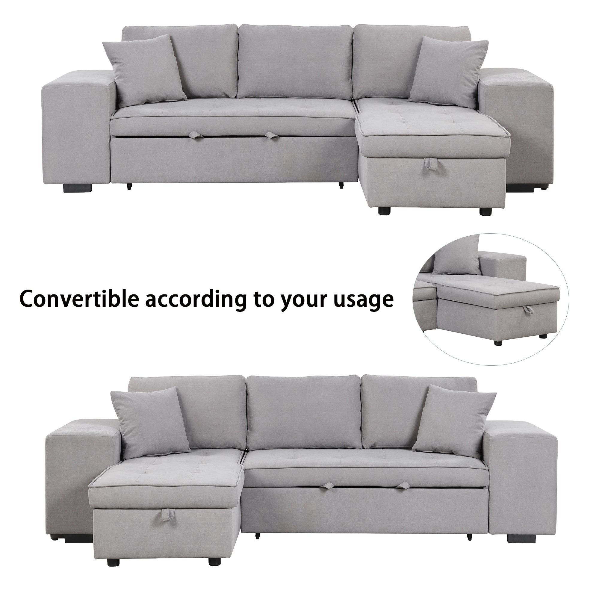 Modern Reversible L-Shape Pull Out Sleeper Sofa with Storage Chaise and Stools, Gray Linen, 104.5' - Grand Goldman Shop
