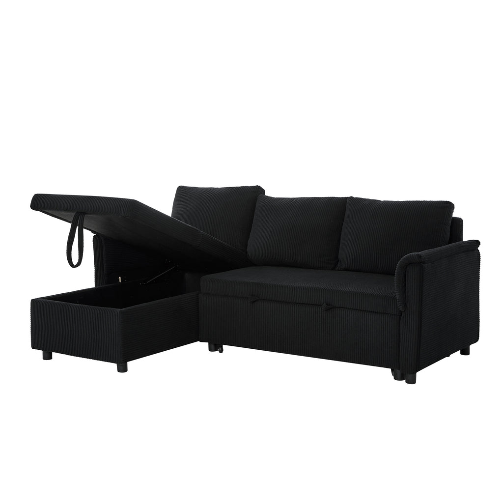 Loveseat Sofa with Chaise Lounge L-Shaped Modular Convertible Sofa with Storage Chaise, Corduroy Tufted Upholstered Sleeper Sectional Sofa,Pull Out Sleep Couch Bed and Reclining Backrest-Black - Grand Goldman Shop