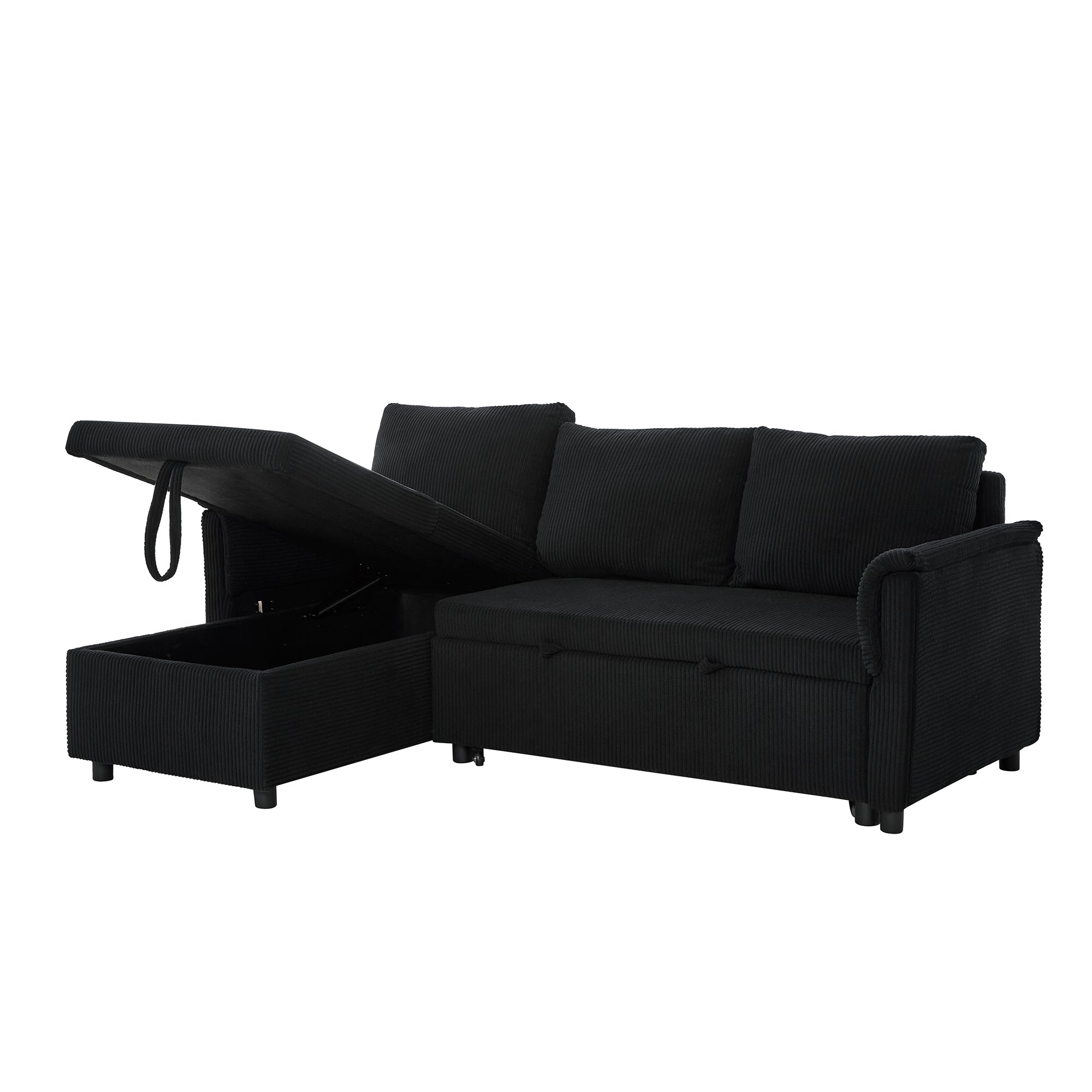 Loveseat Sofa with Chaise Lounge L-Shaped Modular Convertible Sofa with Storage Chaise, Corduroy Tufted Upholstered Sleeper Sectional Sofa,Pull Out Sleep Couch Bed and Reclining Backrest-Black - Grand Goldman Shop