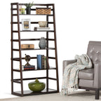 Stylish Acadian Transitional Ladder Shelf Bookcase in Dark Brunette Brown Wood, 30W x 15.9D x 63H inches - Available at Grand