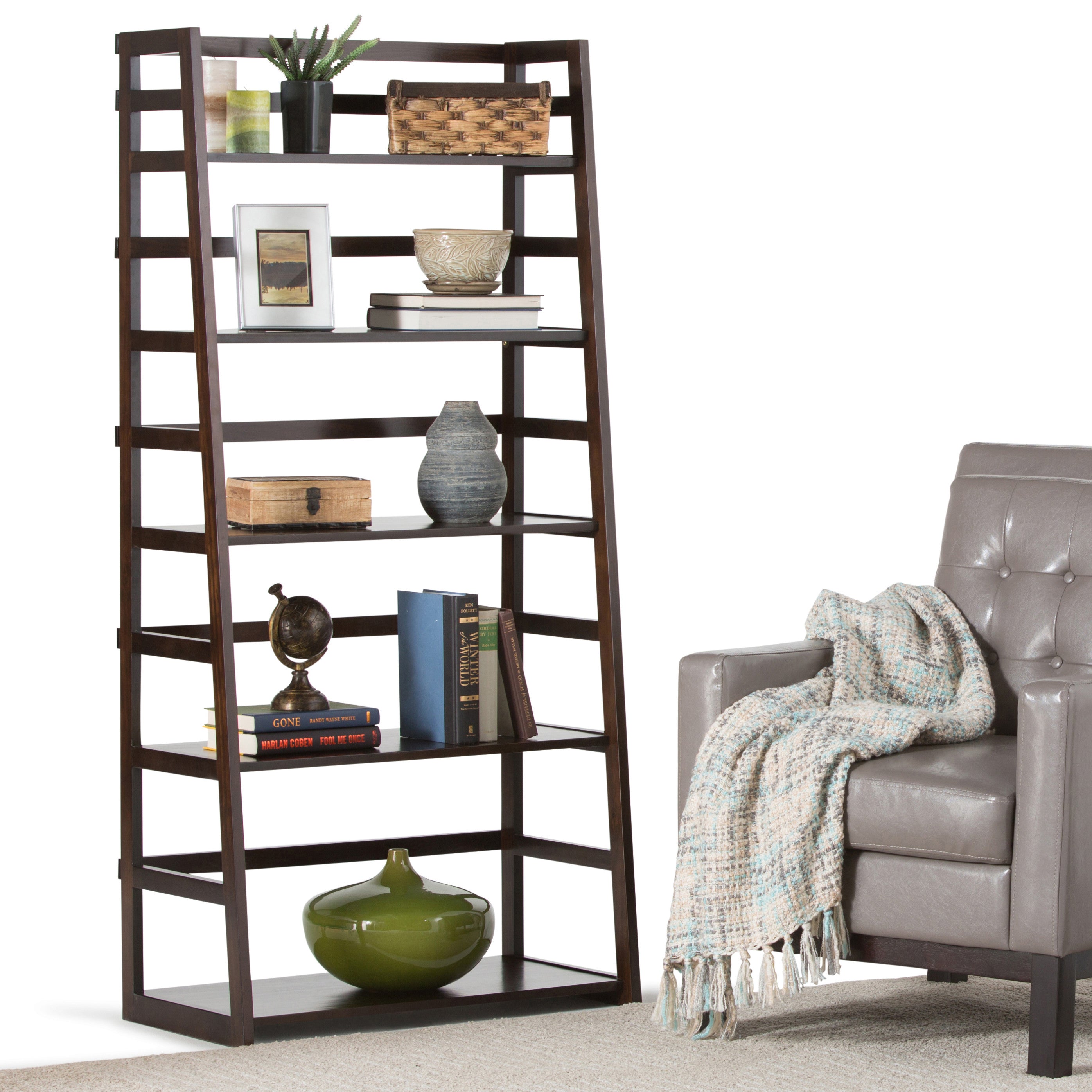 Stylish Acadian Transitional Ladder Shelf Bookcase in Dark Brunette Brown Wood, 30W x 15.9D x 63H inches - Available at Grand