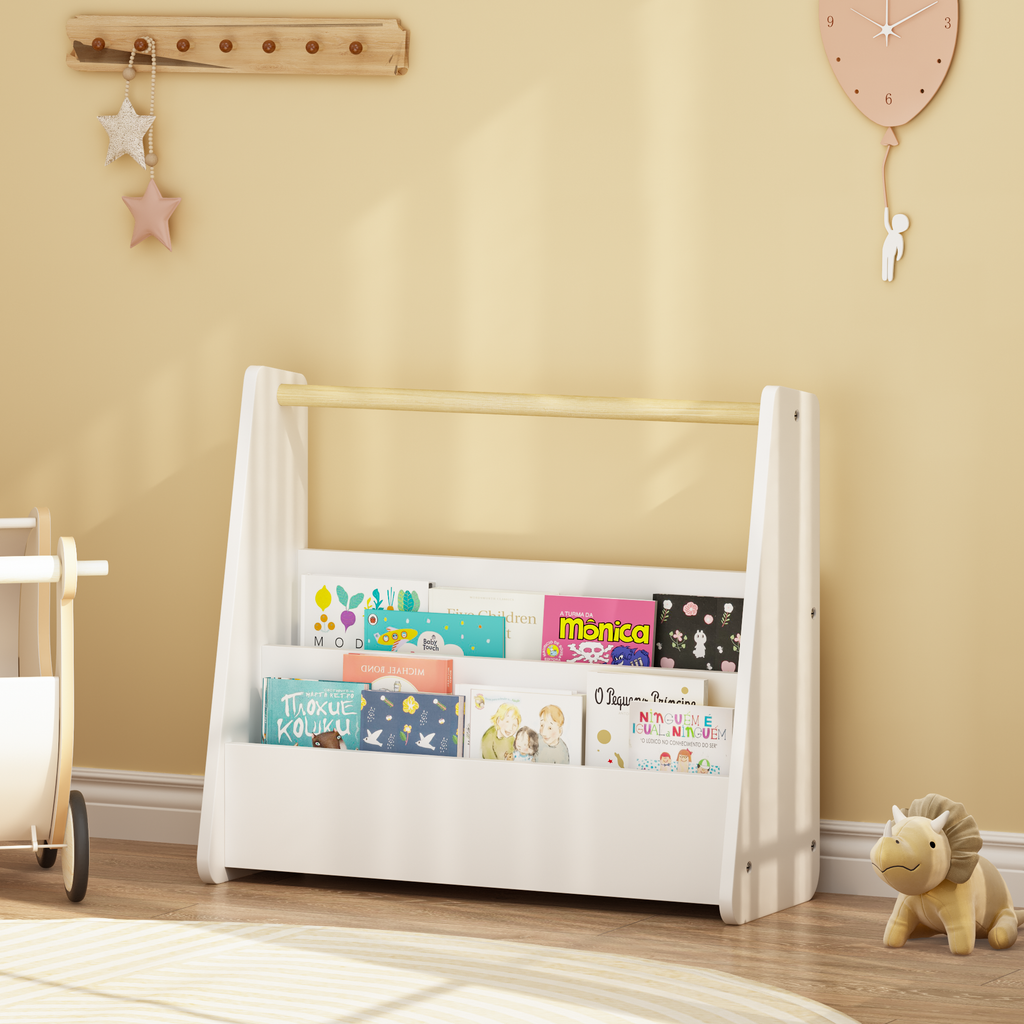 Kids Bookshelf with Wooden Handle, 2-Tier Front-Facing Toddler Bookcase, Portable Children's Book Storage Organizer for Bedro