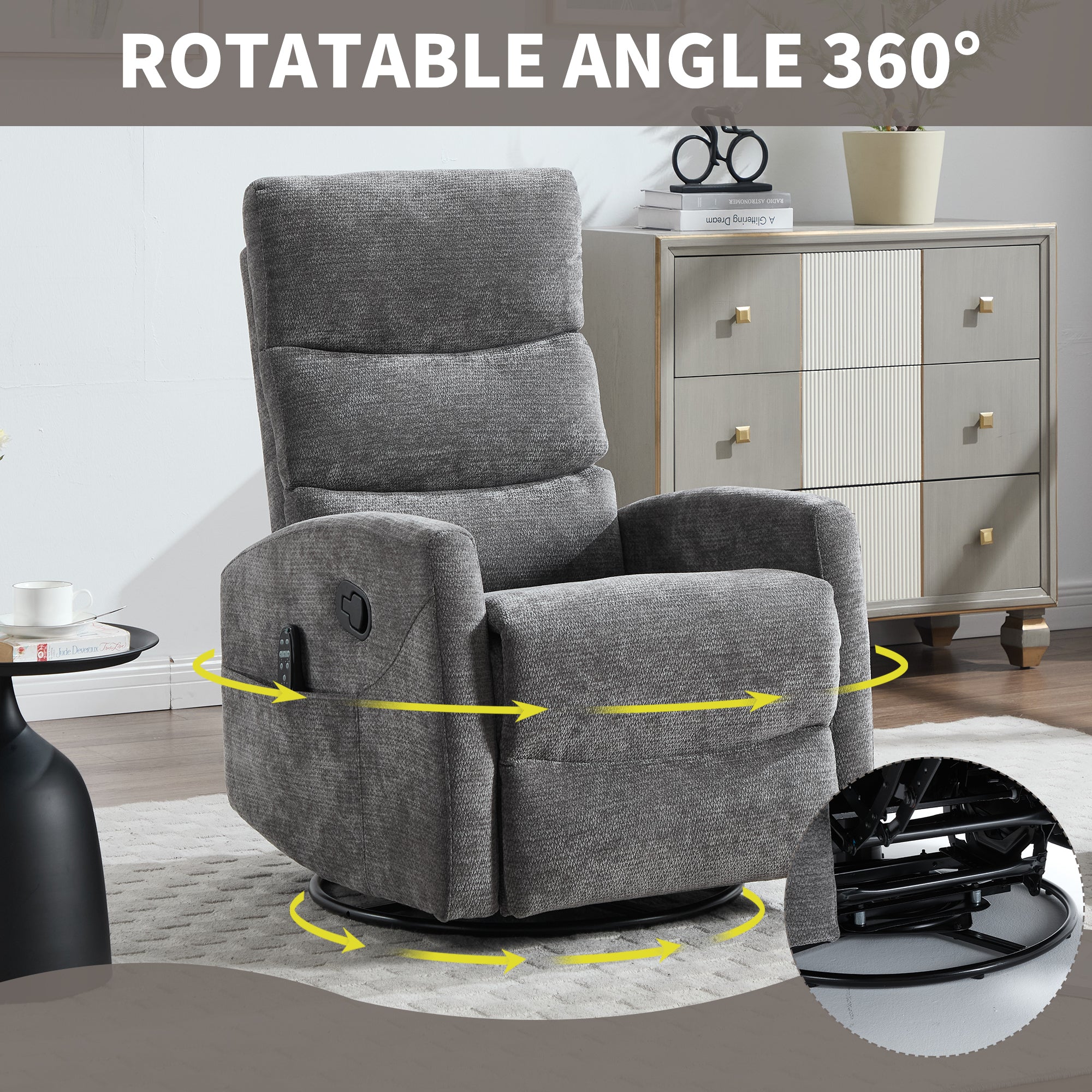 Heat Massage Manual Recliner Chair with Rocker and Swivel in Fabric for Living Room, GREY - Grand Goldman Shop