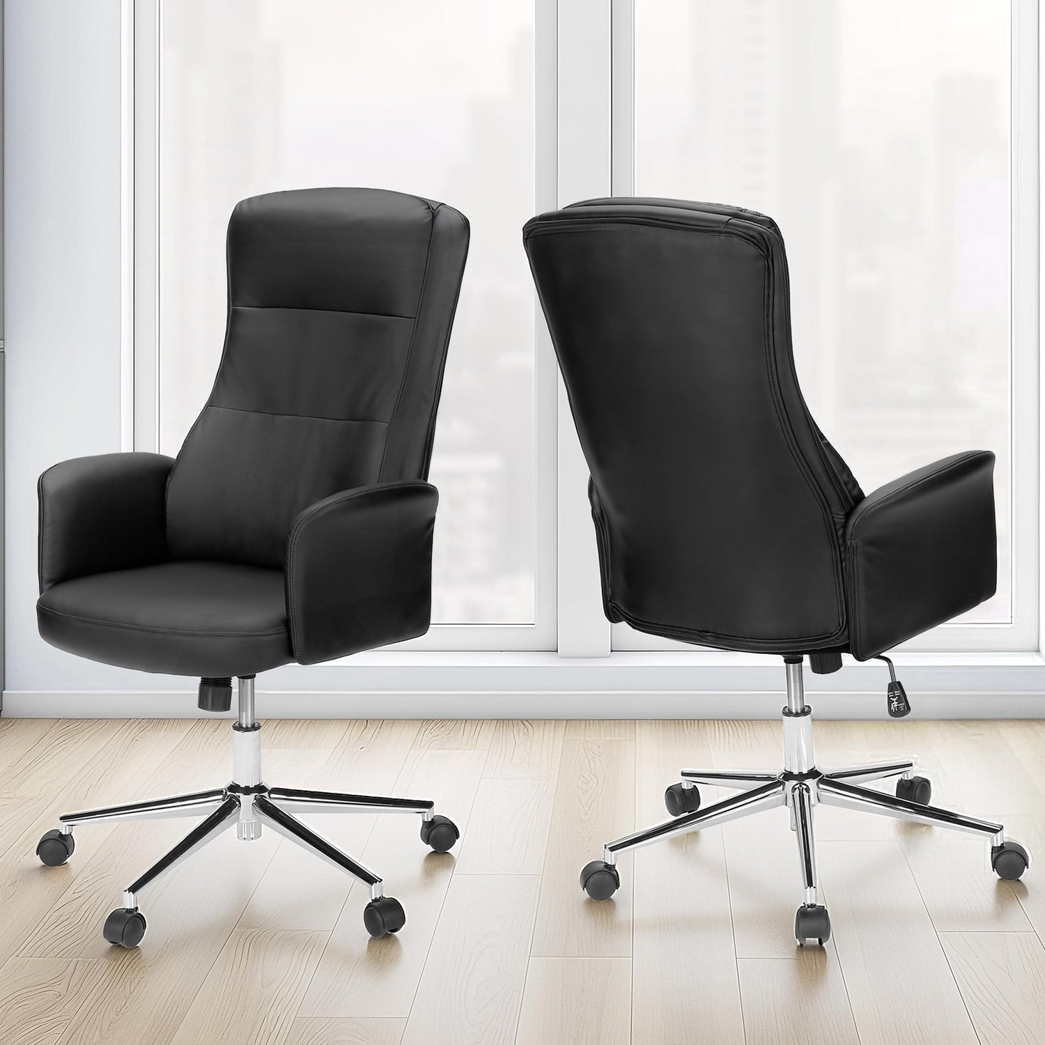 Contemporary Black Leather-Look Office Chair with Adjustable Height, Ergonomic Design, Chrome Base, and Padded Armrests | Pre