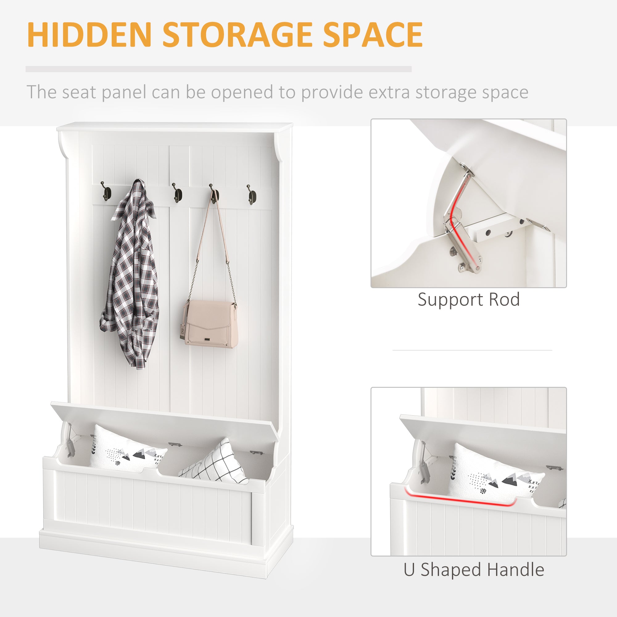 HOMCOM 38' 3-In-1 Entryway Hall Tree with Storage Bench, Coat Rack with Four Hooks and Shoe Storage, White - Grand Goldman Shop