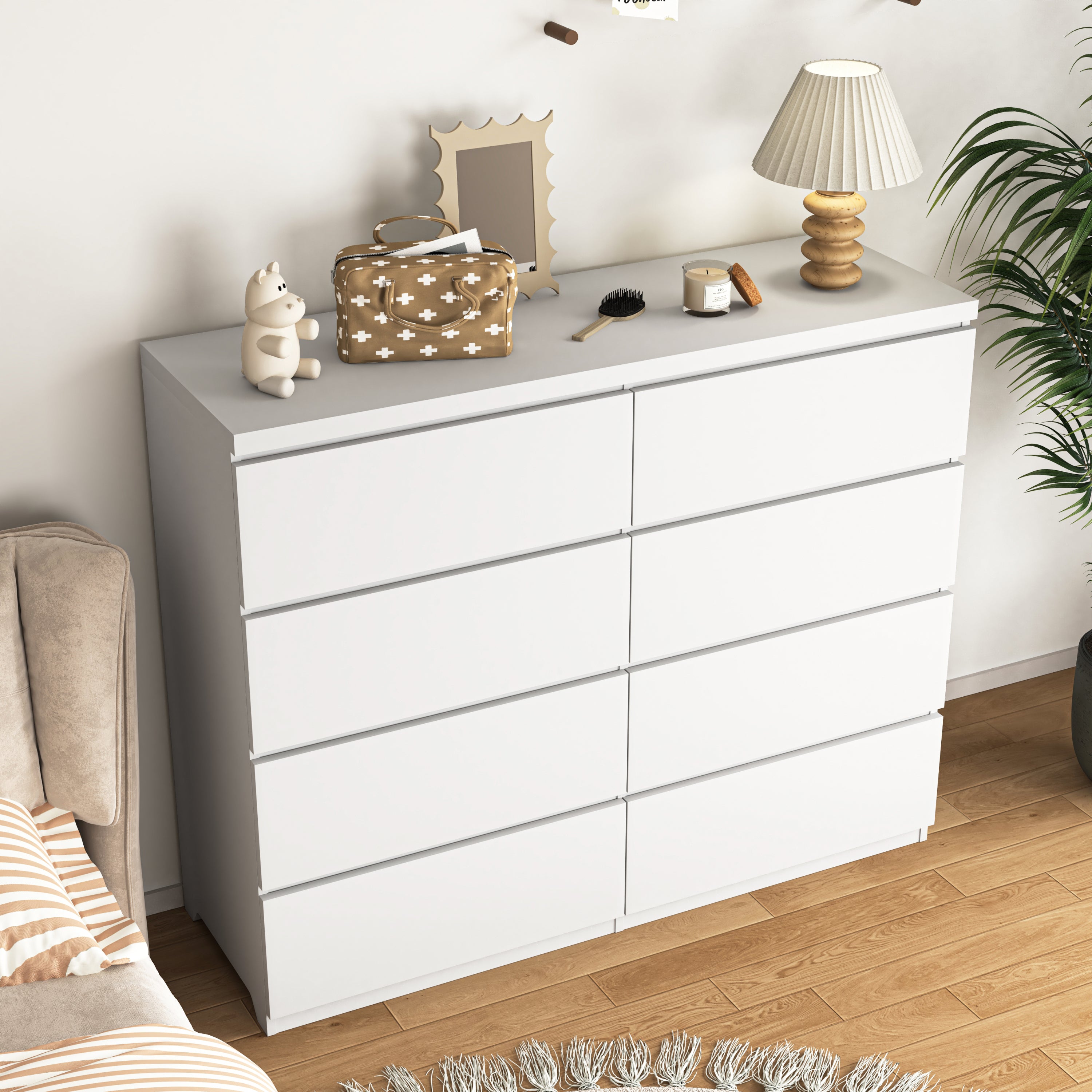 8 Drawers Dresser for Bedroom, Wood Bedroom Dresser Modern Drawer Chest, 8 Chest of Drawer, Tall Dresser for Closet, Dressers Organizer for Living Room, Closet, White - Grand Goldman Shop