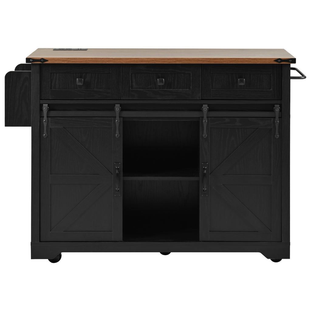 K&K 53.7' Farmhouse Kitchen Island with Power Outlet, 2 Sliding Barn Door Kitchen Storage Island with Drop Leaf, Spice Rack Rolling Kitchen Cart on Wheels, for Home, Kitchen and Dining Room, Black - Grand Goldman Shop