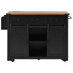 K&K 53.7' Farmhouse Kitchen Island with Power Outlet, 2 Sliding Barn Door Kitchen Storage Island with Drop Leaf, Spice Rack Rolling Kitchen Cart on Wheels, for Home, Kitchen and Dining Room, Black - Grand Goldman Shop