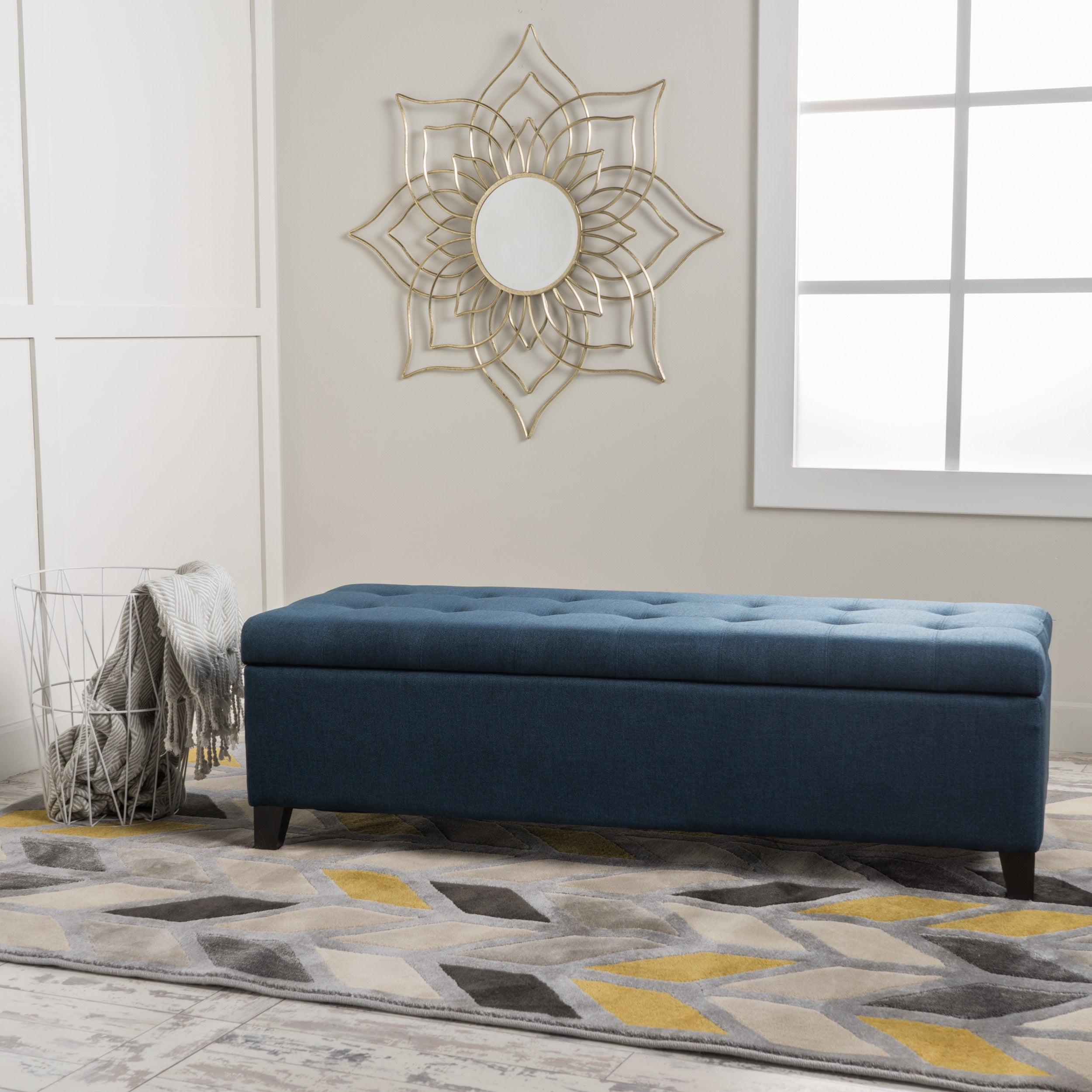 Upholstered Storage Ottoman Bench, Entryway Bench, End of Bed Bench, Ottoman Foot Rest for Bedroom, Navy Blue, 300lbs - Grand Goldman Shop