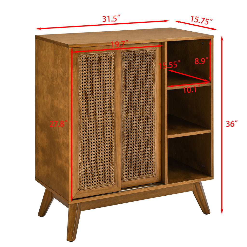 Mid Century Modern Rattan Sideboard Cabinet, Buffet Cabinet for Entryway Hallway Living Room Kitchen Dining Room, Adjustable Shelf & Solid Wood Feet & Rattan Cabinet Doors - Light Wood - Grand Goldman Shop