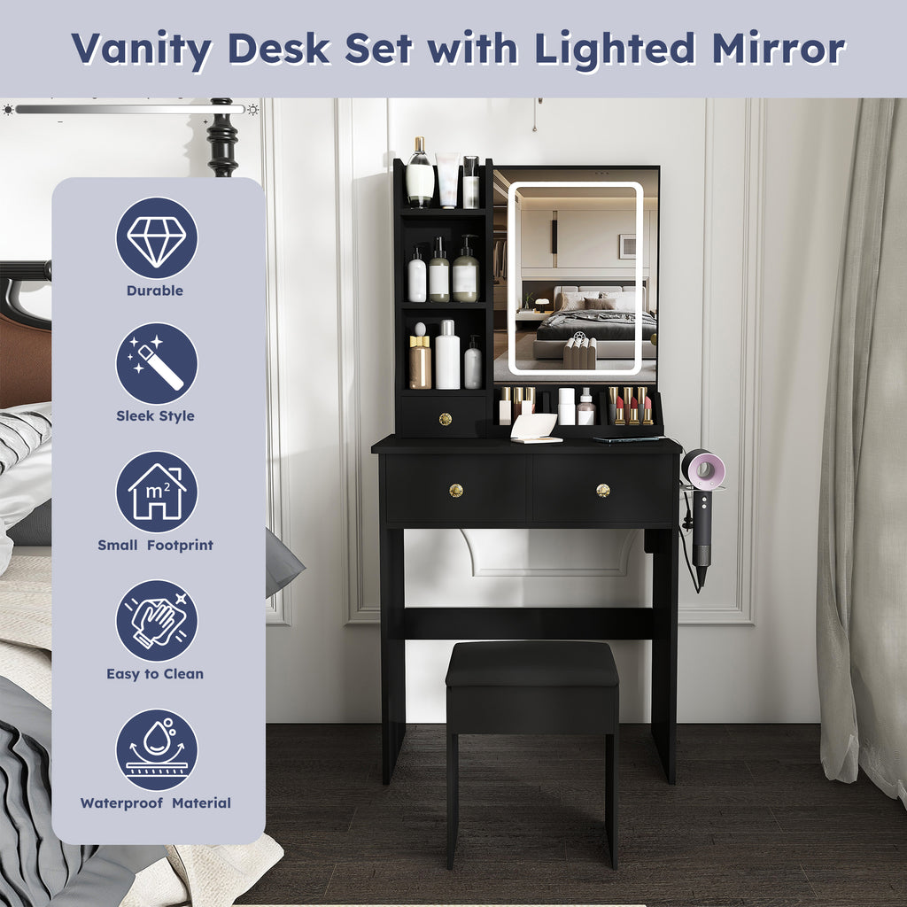 Modern Small Vanity Desk with 3 LED Lighting Modes, 3 Drawers, Open Shelves, Hair Dryer Holder, Power Socket, and Dressing Chair in Black MDF - Grand Goldman Shop