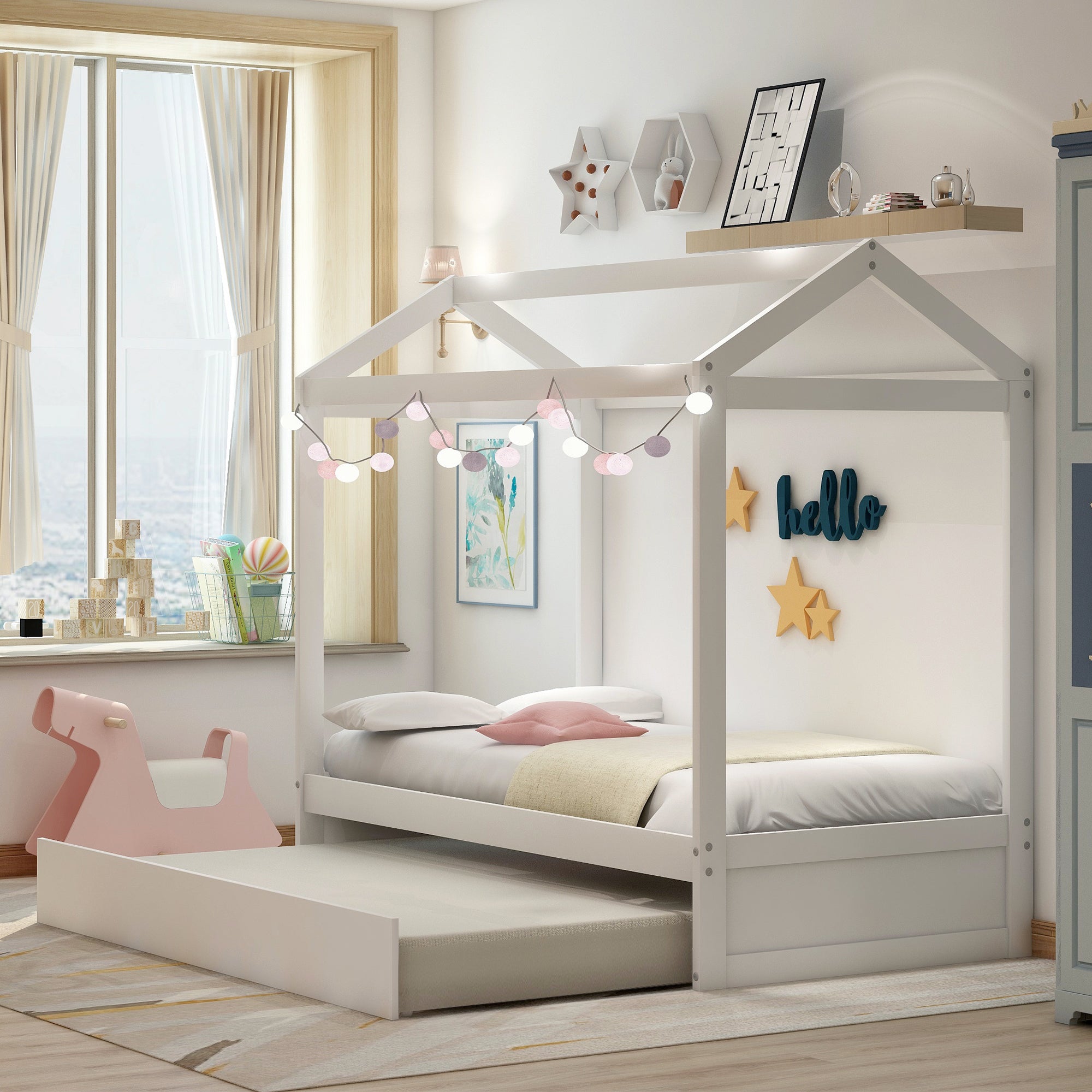 House Bed with Trundle in White, Pine Wood and MDF, Twin Size, Pre-Drilled Holes for Easy Assembly - Grand Goldman Shop