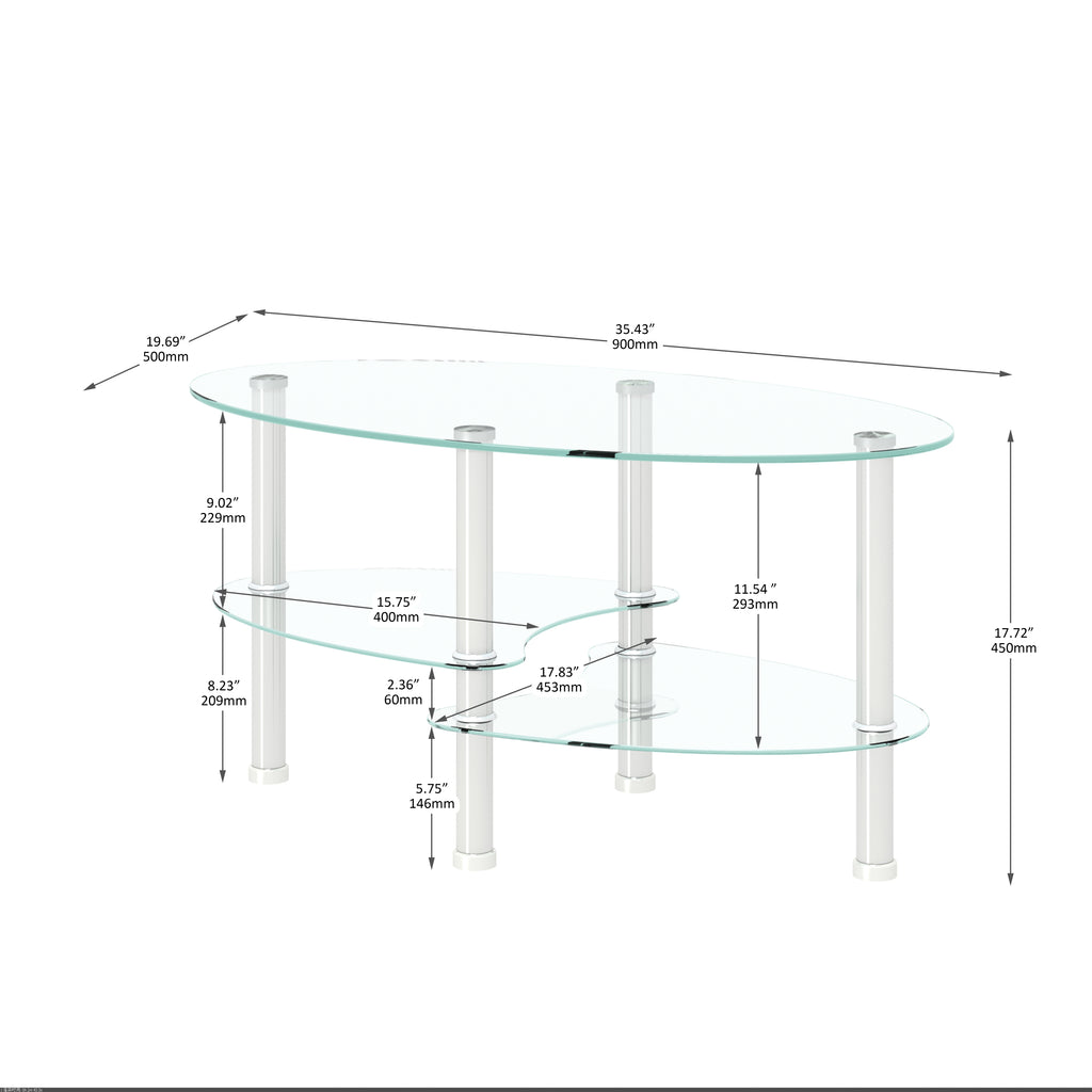 Modern Transparent Oval Glass Coffee Table with Stainless Steel Legs and 3-Layer Design for Living Room - Grand Goldman Shop
