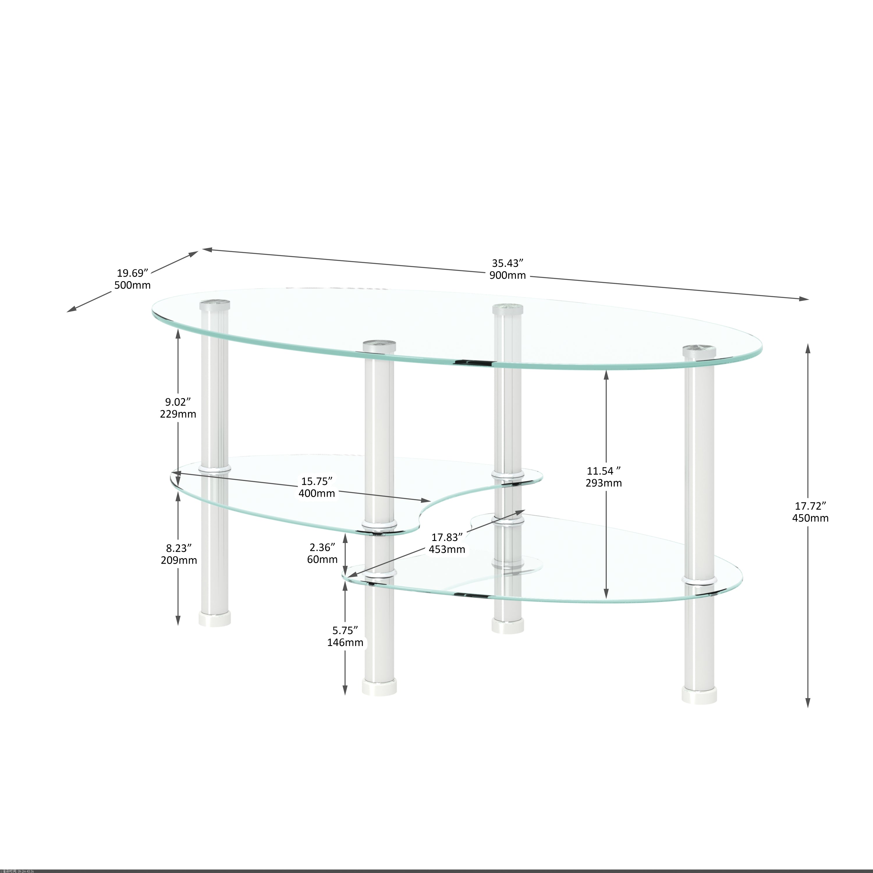 Modern Transparent Oval Glass Coffee Table with Stainless Steel Legs and 3-Layer Design for Living Room - Grand Goldman Shop