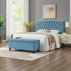 Upholstered tufted button storage bench ,Linen fabric entry bench with spindle wooden legs, Bed bench- Light Blue - Grand Goldman Shop