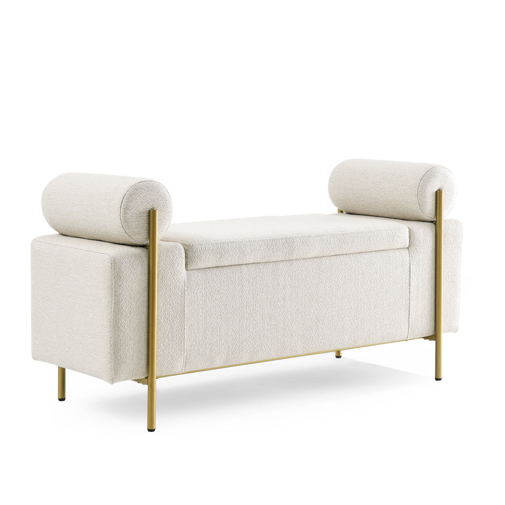 Elegant Upholstered Linen Storage Bench with Cylindrical Arms and Iron Legs, Beige - Grand Goldman Shop