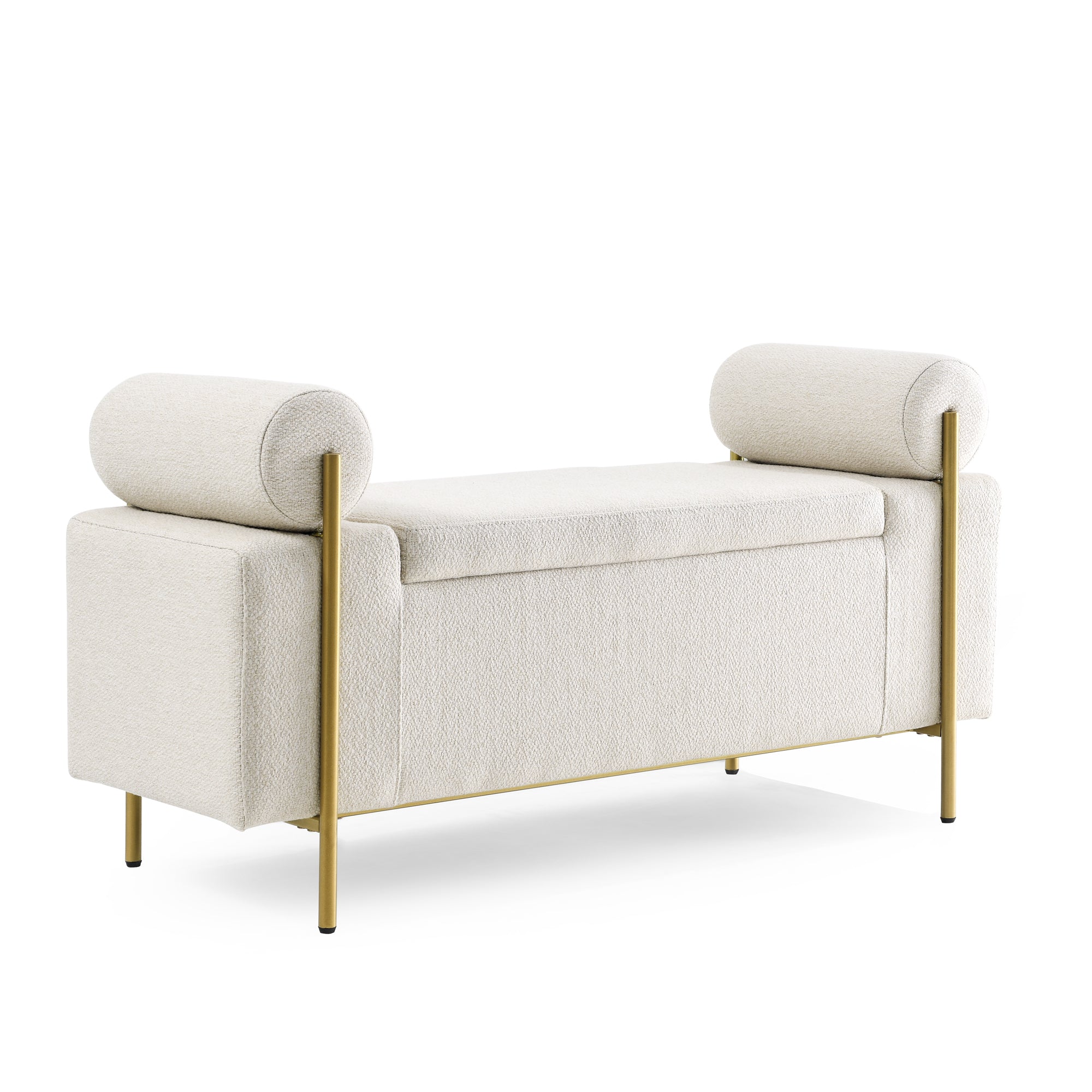 Elegant Upholstered Linen Storage Bench with Cylindrical Arms and Iron Legs, Beige - Grand Goldman Shop