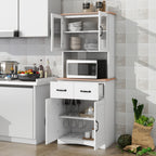 Wooden Kitchen Cabinet White Pantry Room Storage Microwave Cabinet with Framed Glass Doors and Drawer - Grand Goldman Shop