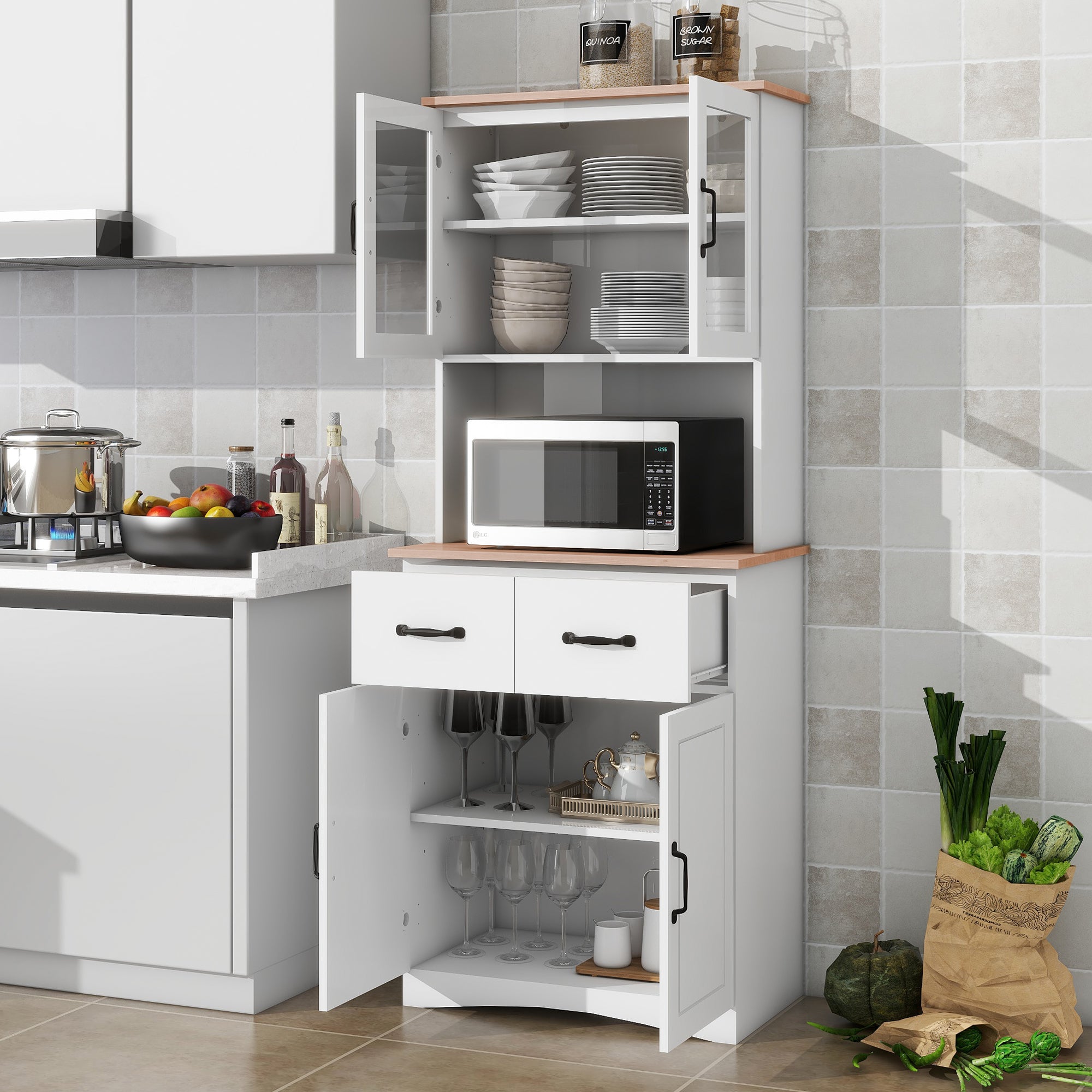 Wooden Kitchen Cabinet White Pantry Room Storage Microwave Cabinet with Framed Glass Doors and Drawer - Grand Goldman Shop